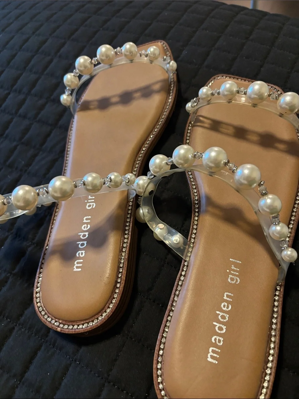 Madden Girl Tan Slide Sandals with Pearl Embellished Clear Straps